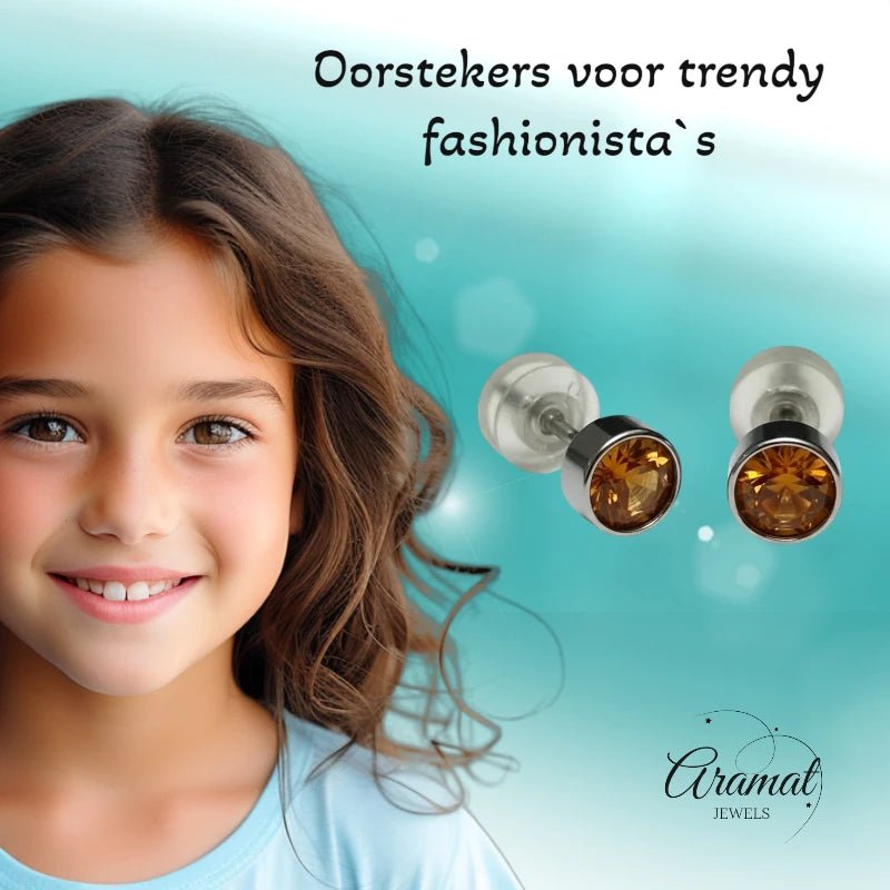 Oorstuds &acirc;&euro;&ldquo; Staal Kristal Topaas Bruin Zilverkleur (5mm) -