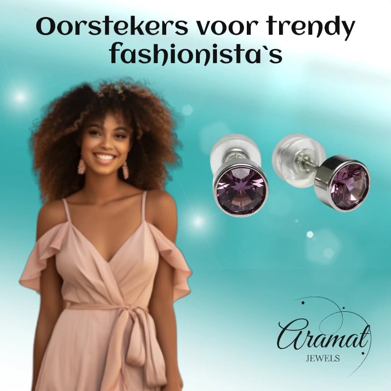 Oorstuds &acirc;&euro;&ldquo; Staal Kristal Licht Paars Zilverkleur (5mm) -