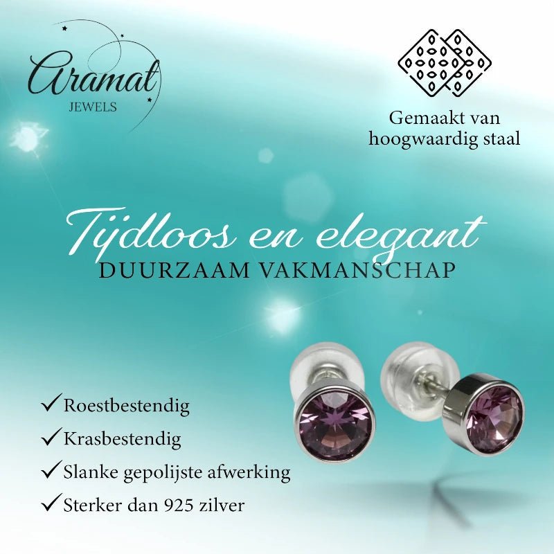 Oorstuds &acirc;&euro;&ldquo; Staal Kristal Licht Paars Zilverkleur (5mm) -