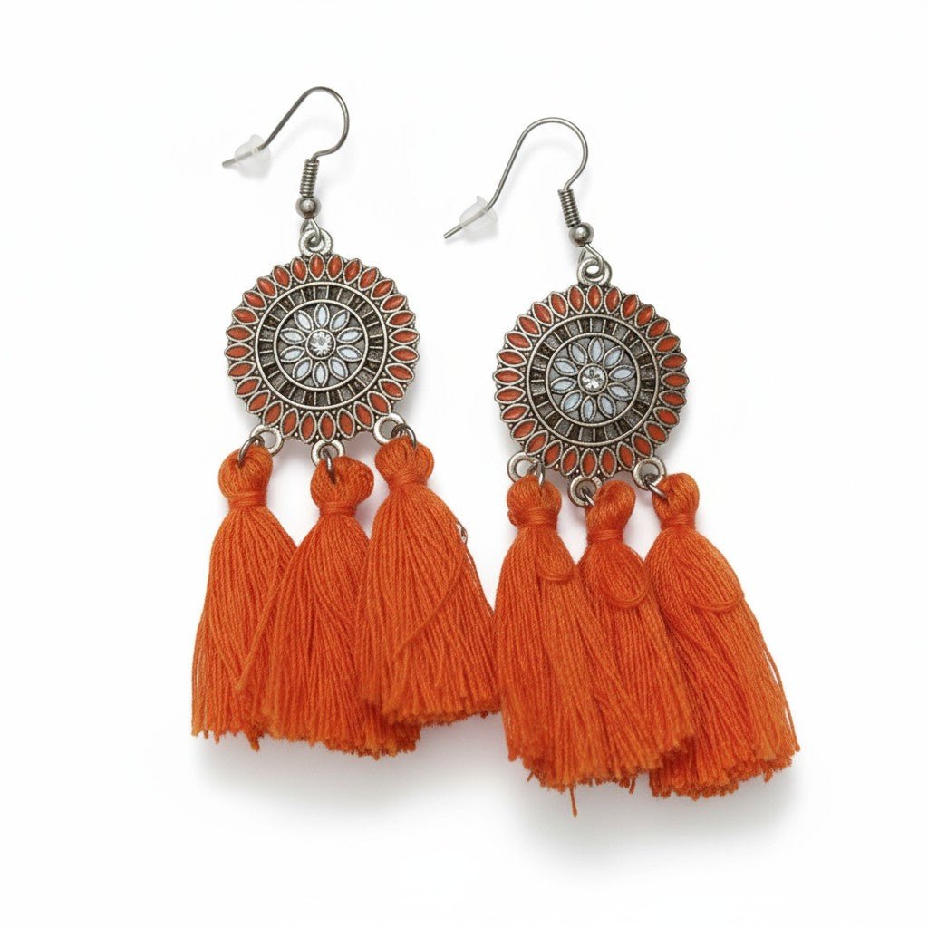 Zomerse Boho Oorhangers Kwastjes Oranje 75mm -