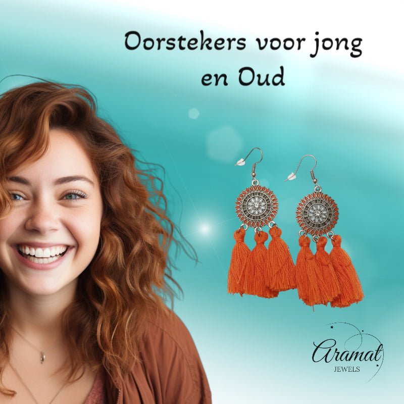 Zomerse Boho Oorhangers Kwastjes Oranje 75mm -