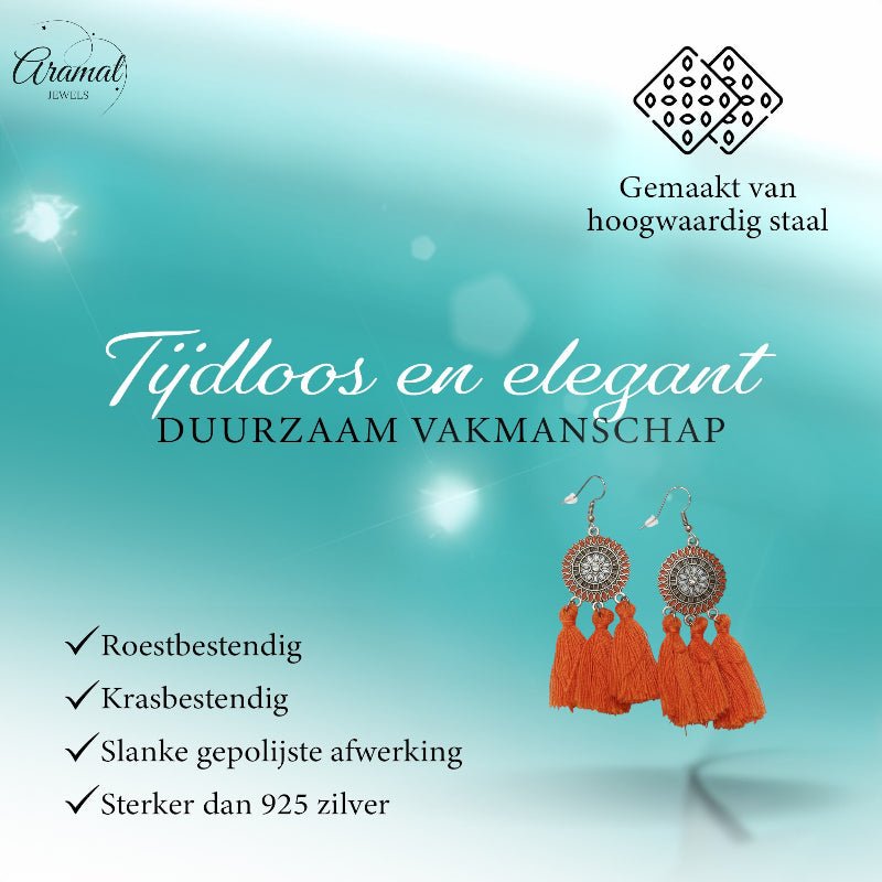 Zomerse Boho Oorhangers Kwastjes Oranje 75mm -