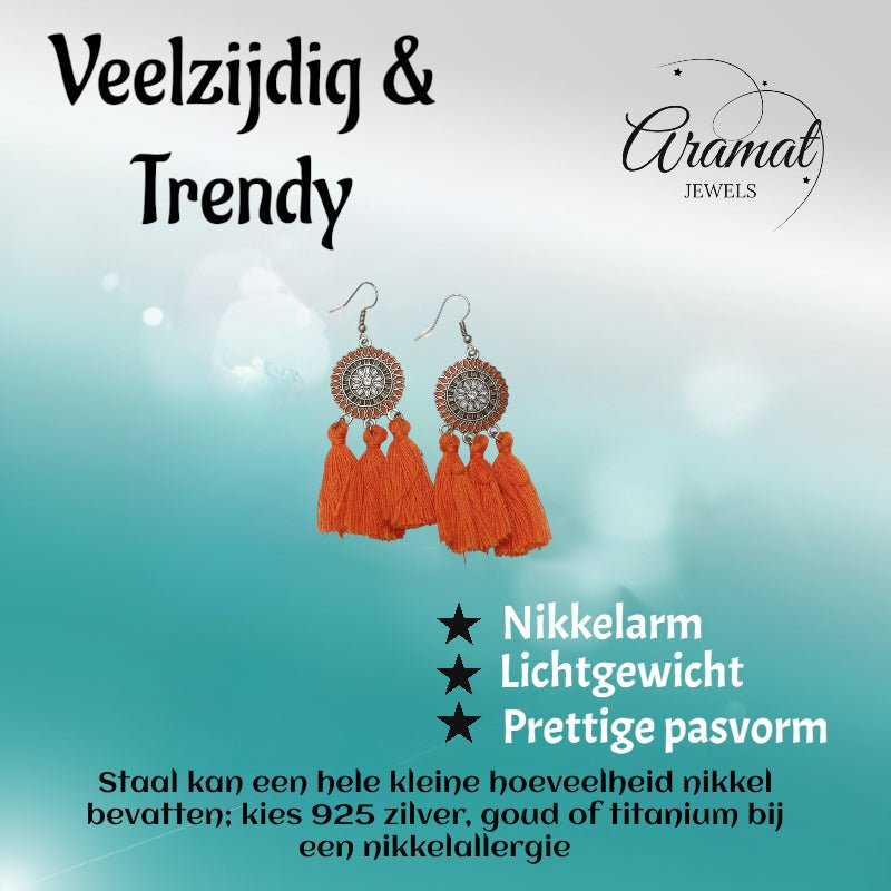 Zomerse Boho Oorhangers Kwastjes Oranje 75mm -