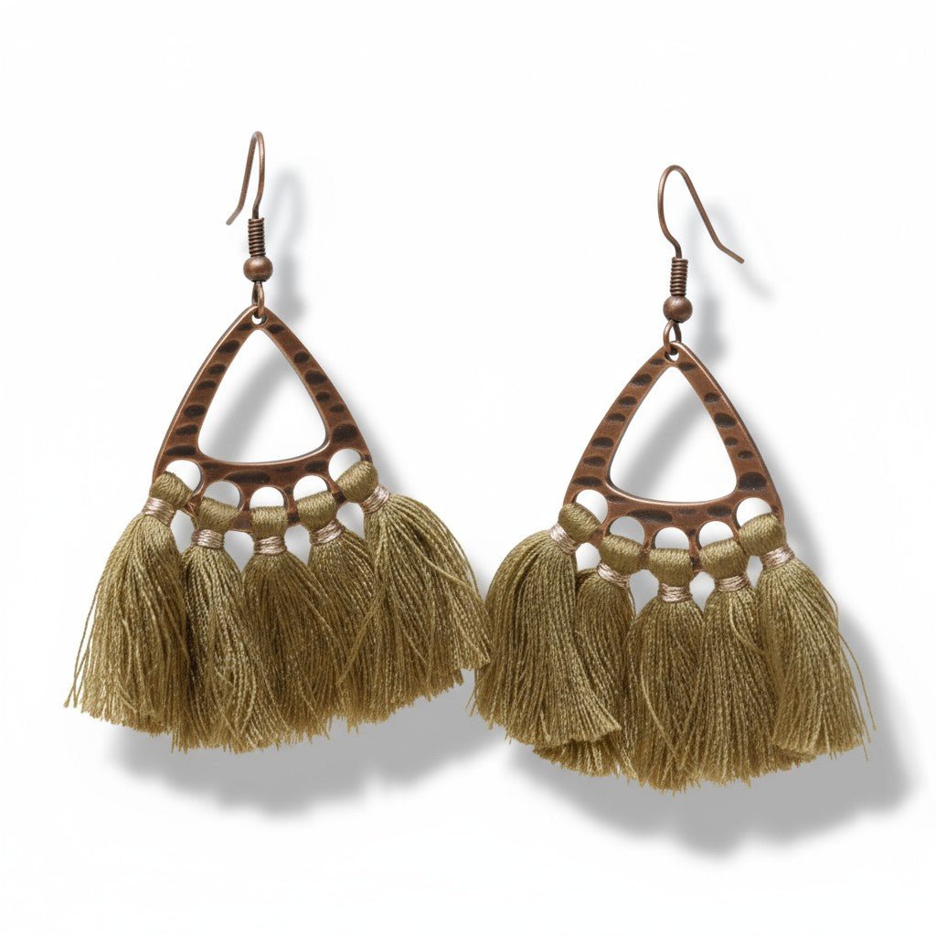 Boho Oorhangers Kwastjes Olijf groen 55x30mm -