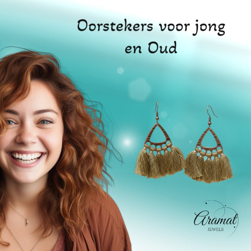 Boho Oorhangers Kwastjes Olijf groen 55x30mm -