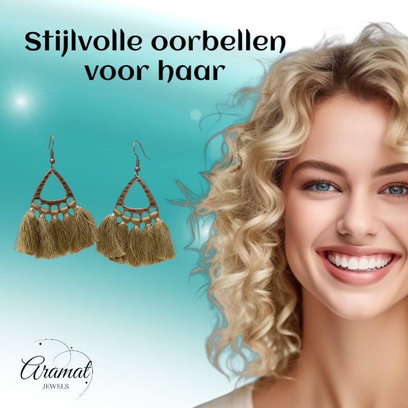 Boho Oorhangers Kwastjes Olijf groen 55x30mm -
