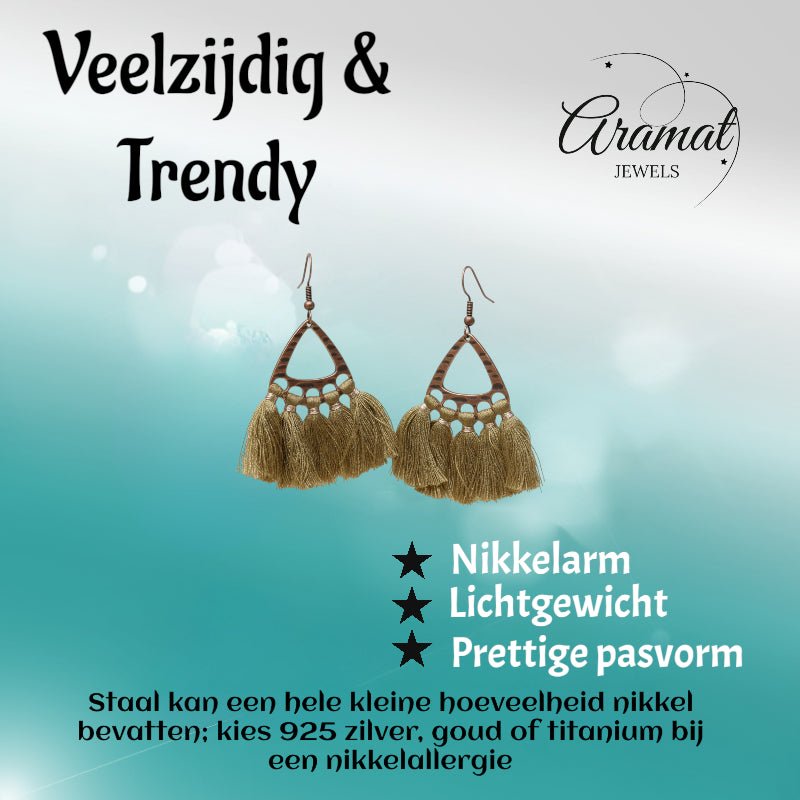 Boho Oorhangers Kwastjes Olijf groen 55x30mm -