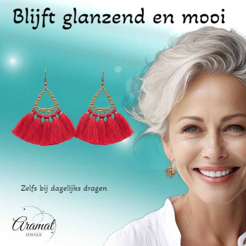 Boho Oorhangers met Kwastjes &acirc;&euro;&ldquo; Rood 55x30mm -