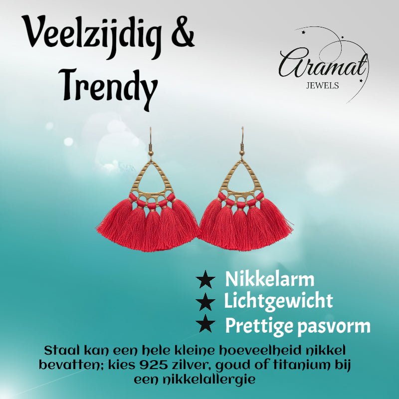 Boho Oorhangers met Kwastjes &acirc;&euro;&ldquo; Rood 55x30mm -