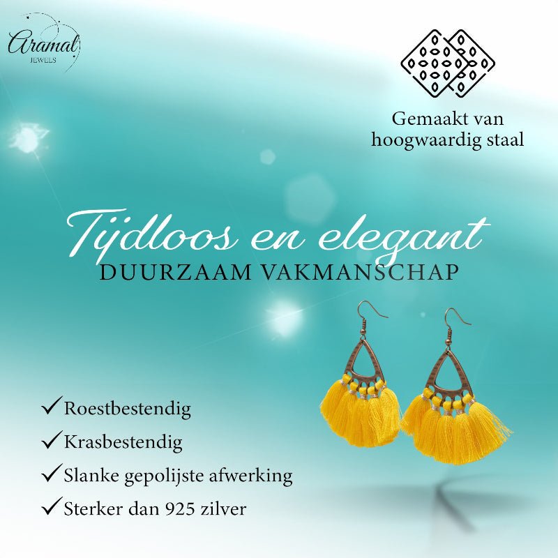 Boho Oorhangers met Kwastjes Geel 55x30mm -