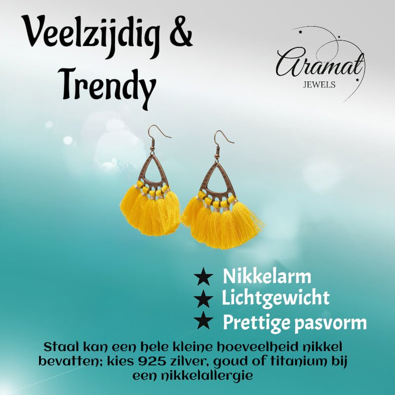 Boho Oorhangers met Kwastjes Geel 55x30mm -