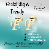 Goudkleurige RVS oorstekers Letter F -