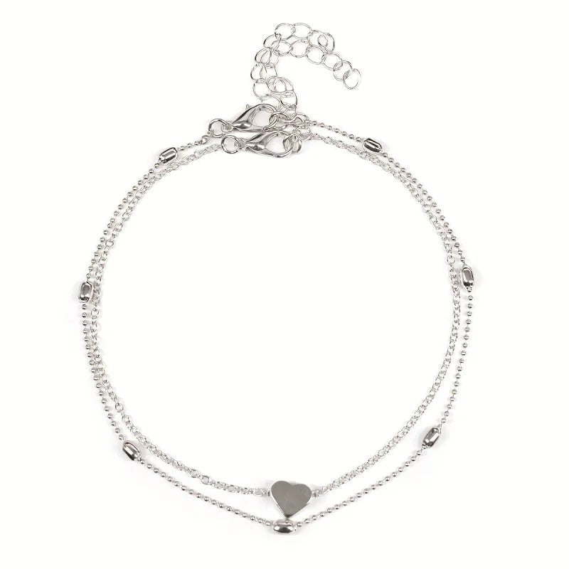 Stalen Enkelbandjes met Hartje en Kraaltjes Zilverkleurig - Unisex