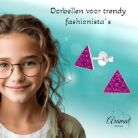 Zilveren Kristallen Oorbellen Driehoek - Donker Roze -