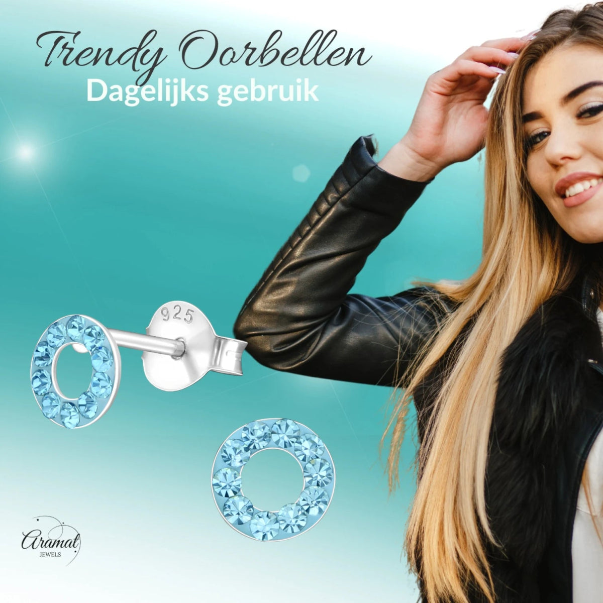 Zilveren open cirkel oorbellen aqua blauw -