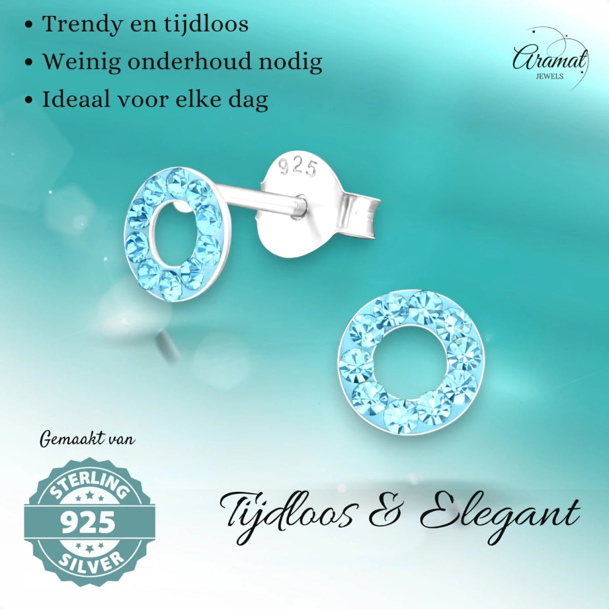 Zilveren open cirkel oorbellen aqua blauw -