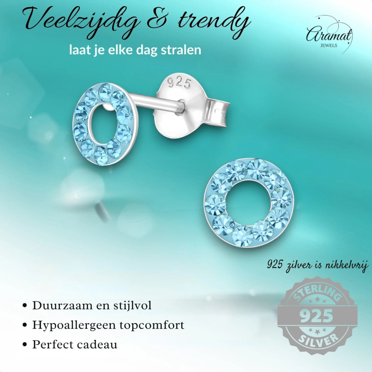 Zilveren open cirkel oorbellen aqua blauw -