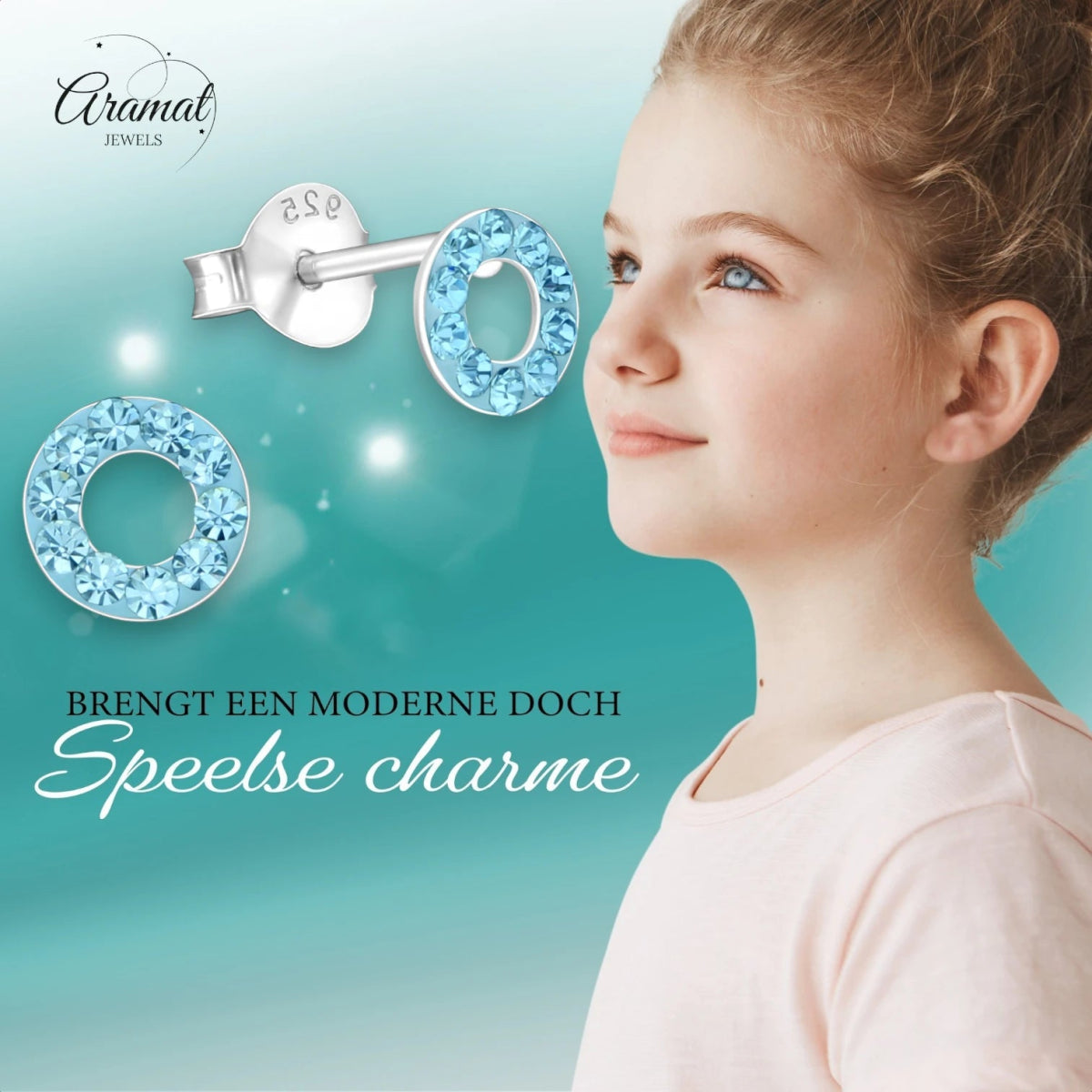 Zilveren open cirkel oorbellen aqua blauw -