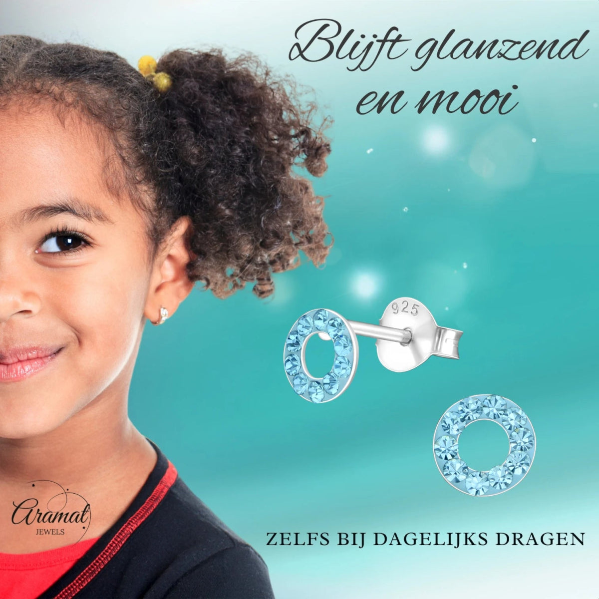 Zilveren open cirkel oorbellen aqua blauw -