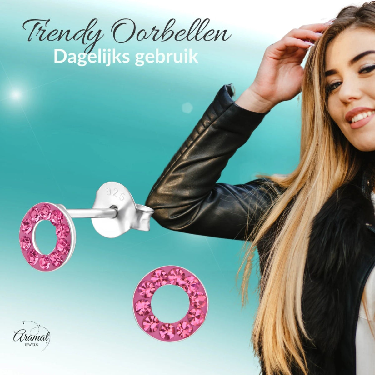 Zilveren open cirkel oorbellen roze kristal -