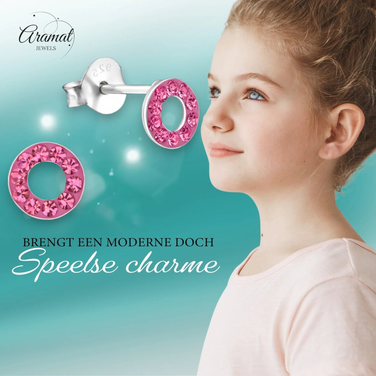 Zilveren open cirkel oorbellen roze kristal -