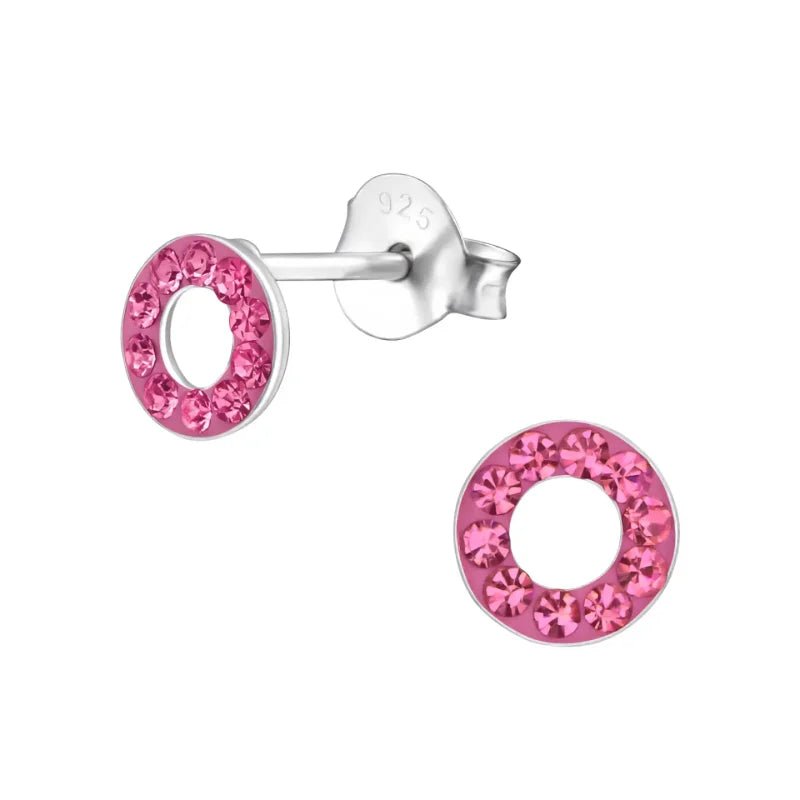 Zilveren open cirkel oorbellen roze kristal