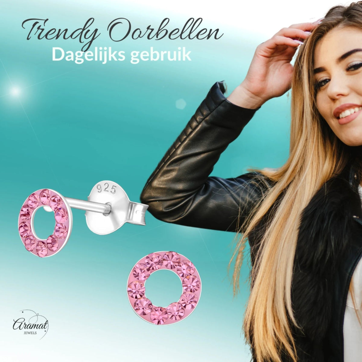 Zilveren open cirkel oorbellen lichtroze kristal -