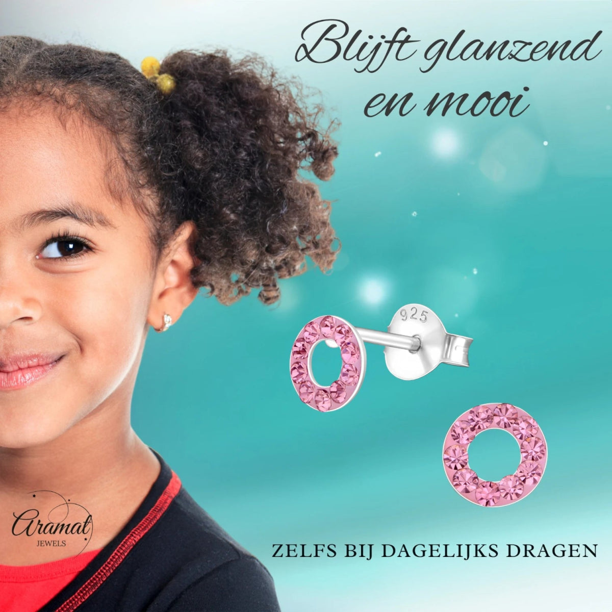 Zilveren open cirkel oorbellen lichtroze kristal -