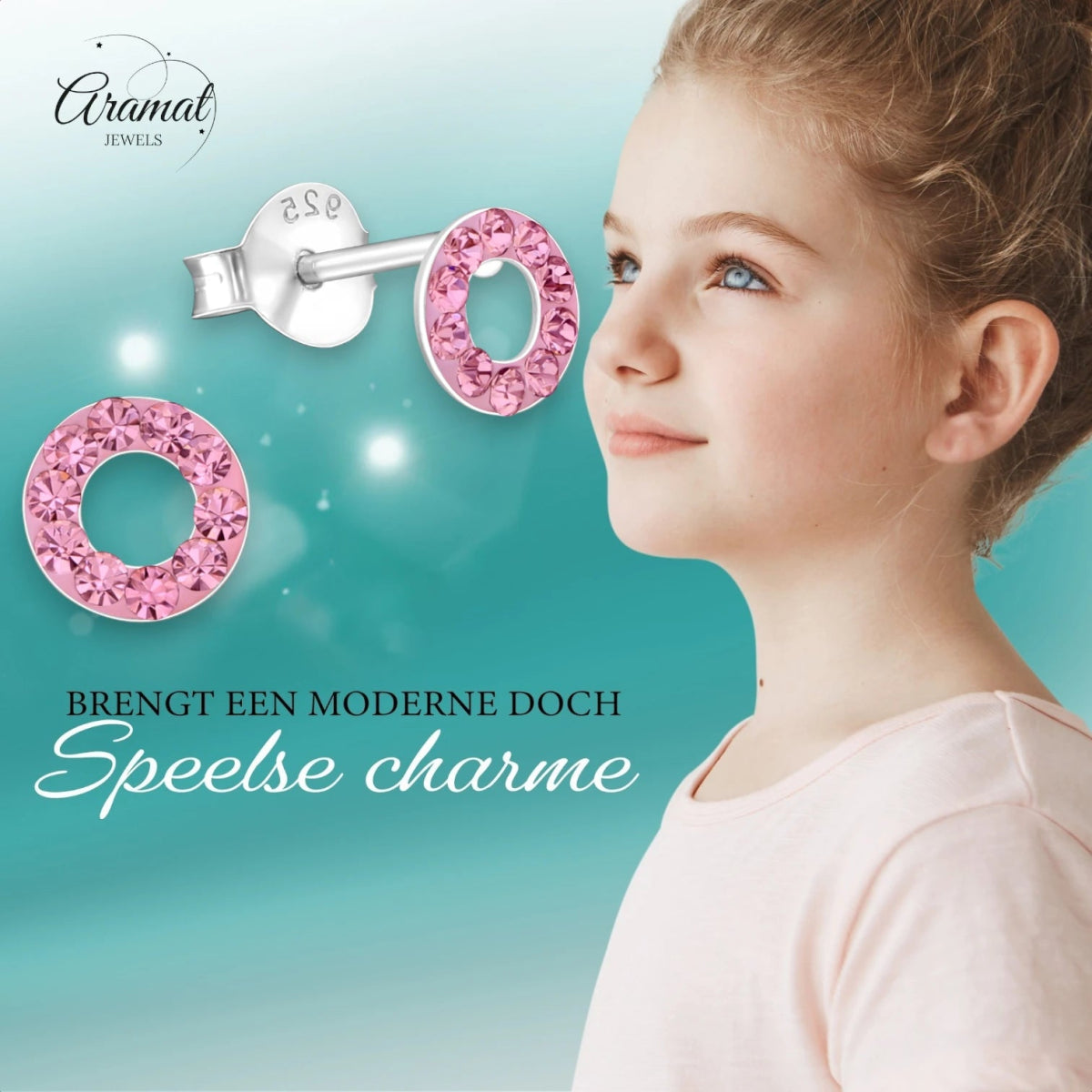 Zilveren open cirkel oorbellen lichtroze kristal -