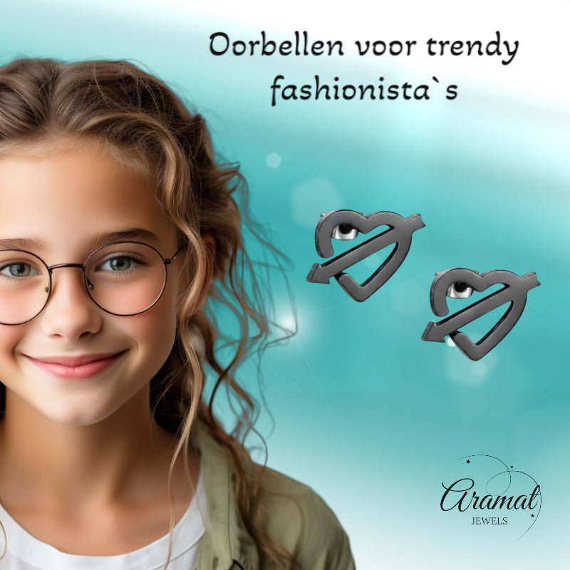 Roestvrij Staal Hart Pijl Oorbellen Zwart 9x8mm -