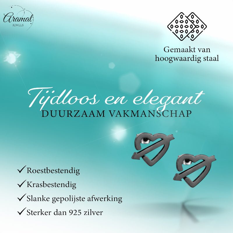 Roestvrij Staal Hart Pijl Oorbellen Zwart 9x8mm -