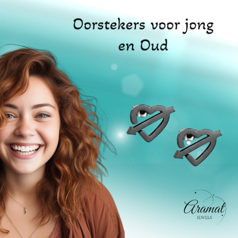 Roestvrij Staal Hart Pijl Oorbellen Zwart 9x8mm -
