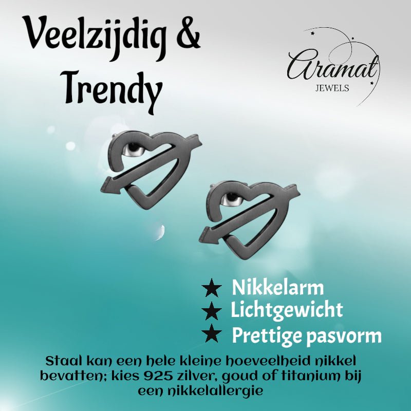 Roestvrij Staal Hart Pijl Oorbellen Zwart 9x8mm -