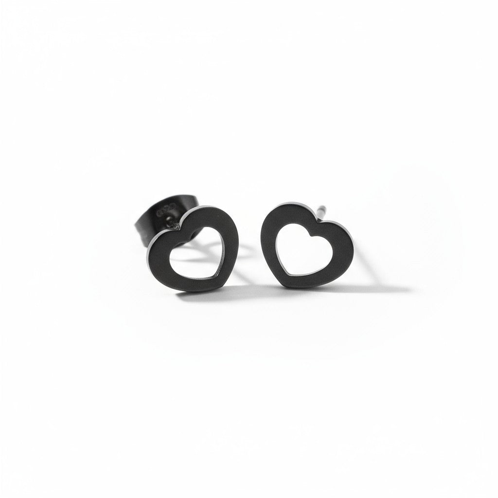 RVS Hartjes Oorbellen Zwart 9x8mm Open Stoer -