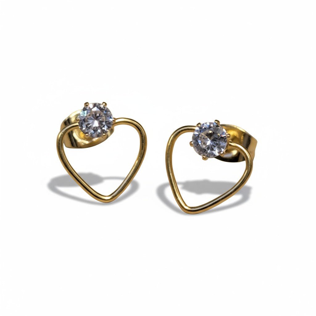 Stalen Hart Oorbellen Goudkleur 10mm Zirkonia Open -