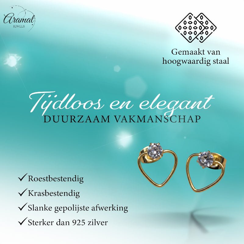 Stalen Hart Oorbellen Goudkleur 10mm Zirkonia Open -