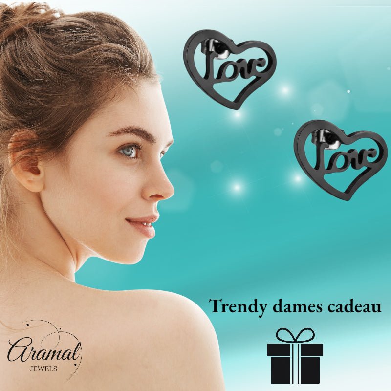 Stalen Hartjes Oorbellen Zwart 9mm Love RVS -