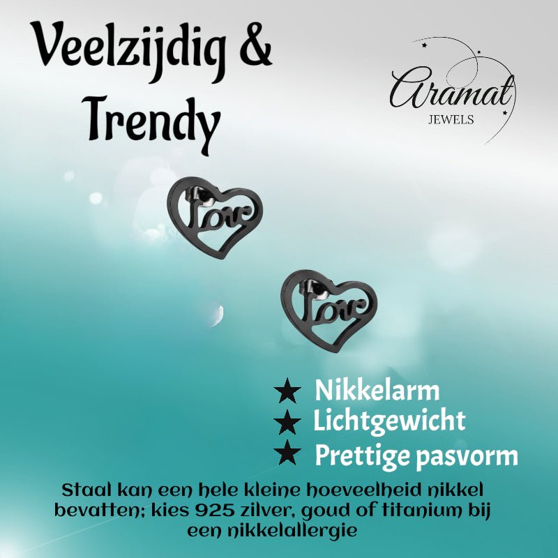 Stalen Hartjes Oorbellen Zwart 9mm Love RVS -
