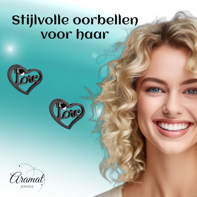 Stalen Hartjes Oorbellen Zwart 9mm Love RVS -