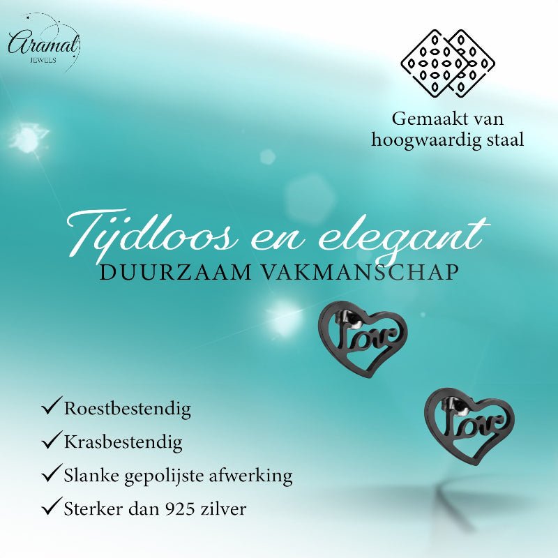 Stalen Hartjes Oorbellen Zwart 9mm Love RVS -