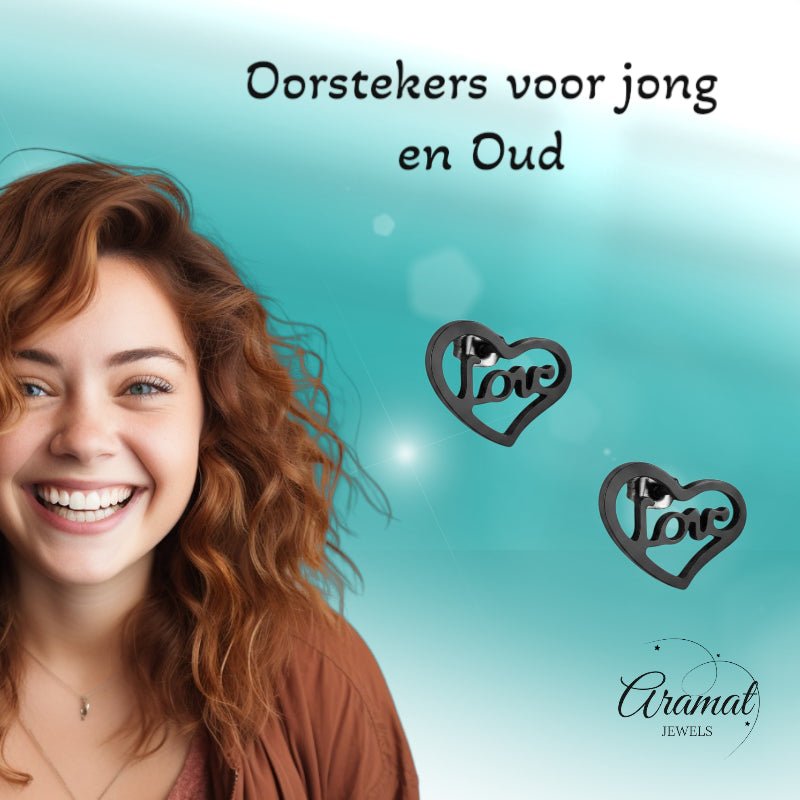 Stalen Hartjes Oorbellen Zwart 9mm Love RVS -