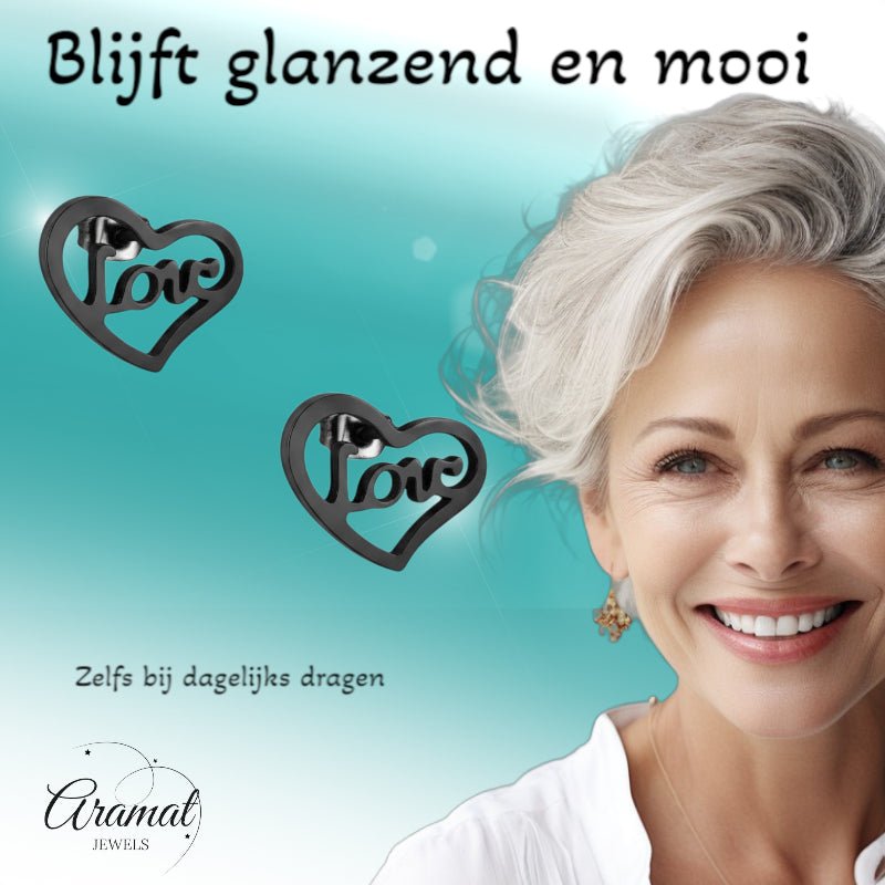 Stalen Hartjes Oorbellen Zwart 9mm Love RVS -