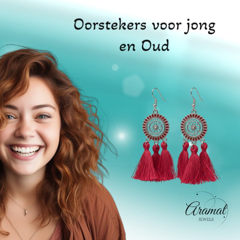 Zomerse Boho Oorhangers Kwastjes Rood 75mm -