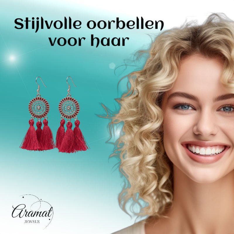 Zomerse Boho Oorhangers Kwastjes Rood 75mm -