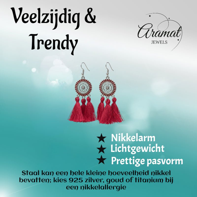 Zomerse Boho Oorhangers Kwastjes Rood 75mm -