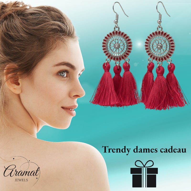 Zomerse Boho Oorhangers Kwastjes Rood 75mm -