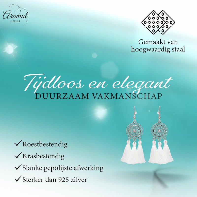 Zomerse Boho Oorhangers Kwastjes Wit 75mm -