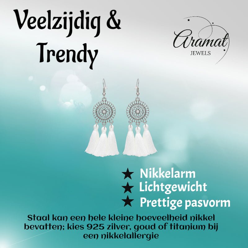 Zomerse Boho Oorhangers Kwastjes Wit 75mm -