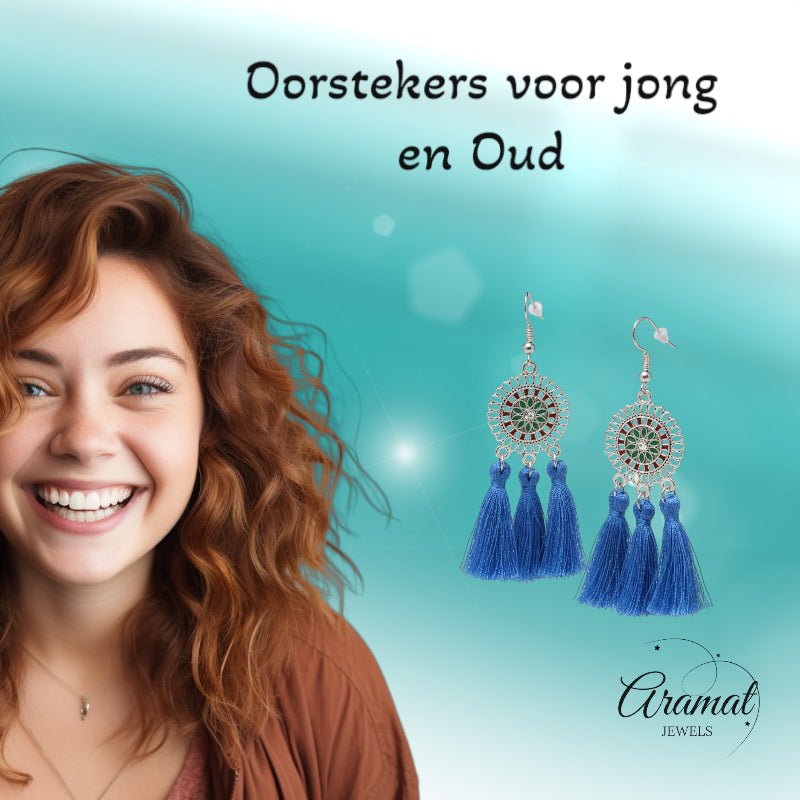 Zomerse Boho Oorhangers Kwastjes Blauw 75mm -