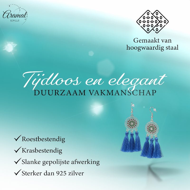 Zomerse Boho Oorhangers Kwastjes Blauw 75mm -